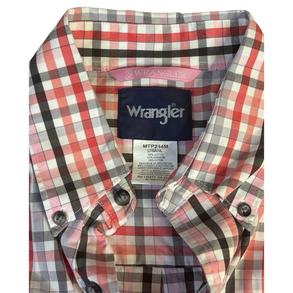 Wrangler‎ Shirt Mens Large Tall Button Up Western Plaid Pink Ribbon - Picture 2 of 7